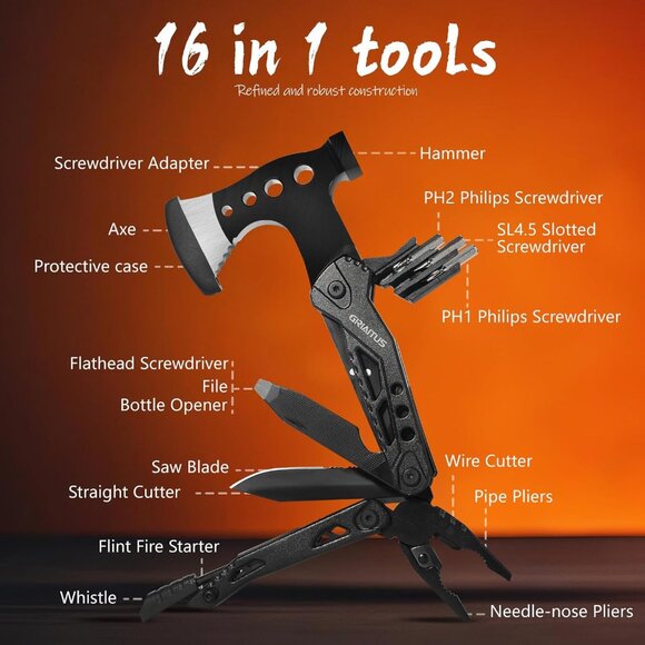Compact 16-in-1 Survival Multitool with Axe, Knife & Screwdrivers - Perfect Gift - Picture 4 of 7